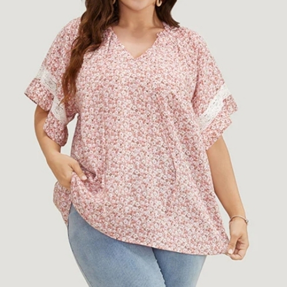 Ditsy Floral Frill Trim Lace Ruffle Sleeve Tie Neck Blouse Size 2X - Picture 1 of 12